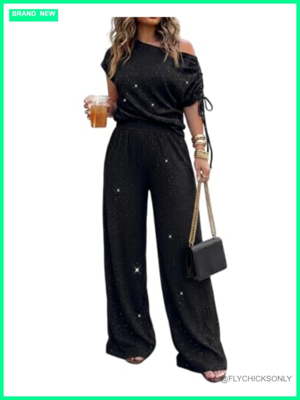 Rhinestone 2 Piece Outfit High Waist Wide Leg Pants Set Cold Shoulder Drawstring